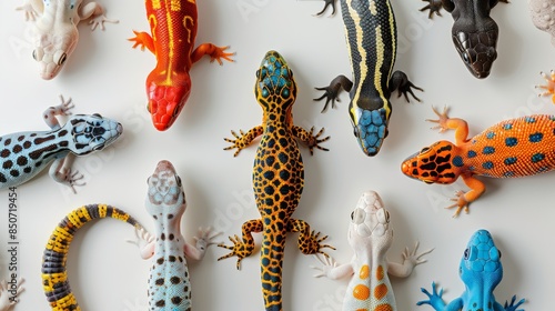 Various colorful reptiles arranged on a white background photo