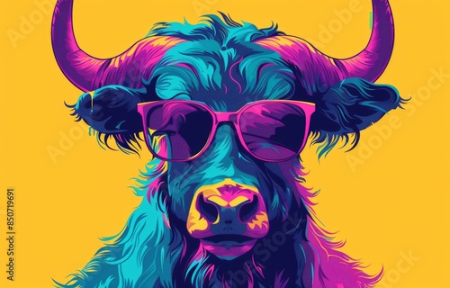 A funky Minotaur in sunglasses, with colorful American retro design and neon teal, vivid violet, baby pink, and pale yellow colors.