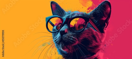 Colorful abstract Mid-Century vector of cute Multo wearing sunglasses in pink and yellow hues.