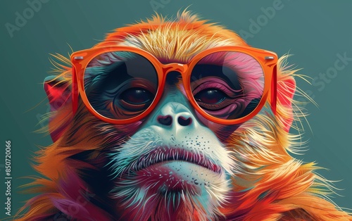 Colorful mid-century flat vector design of a cute Orang Pendek wearing sunglasses in an abstract black and white style.