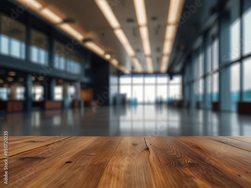 Empty wooden table and abstract blur airport interior.