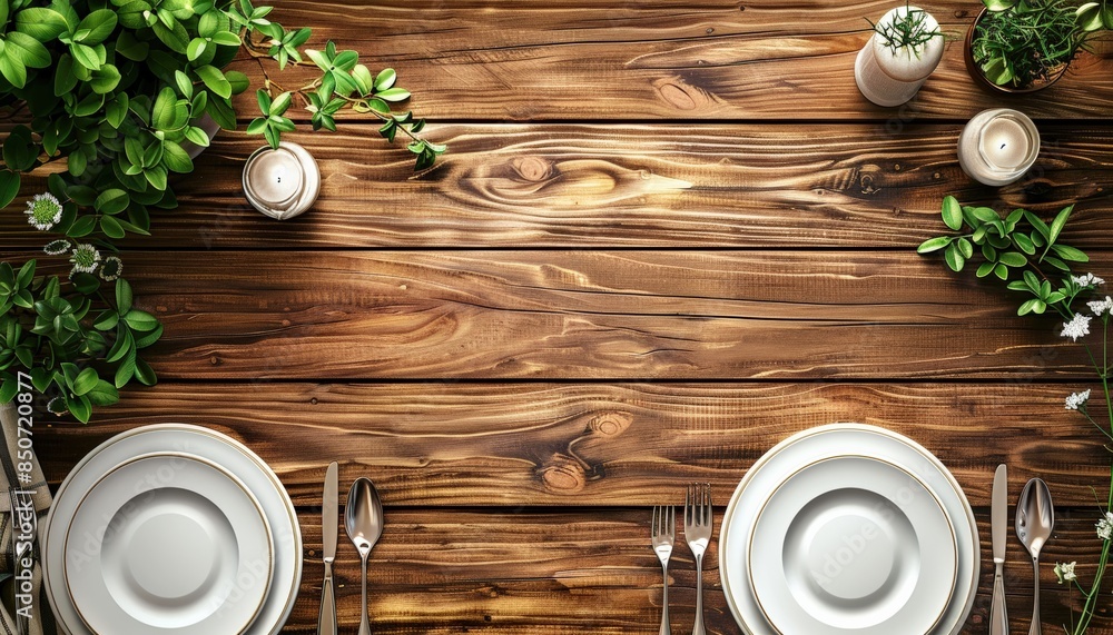 Top view of an elegant dining table setting with white plates, silverware, and green plants on a rustic wooden table. Top view of an elegant dining table setting with white plates, silverware, and green plants on a rustic wooden table.