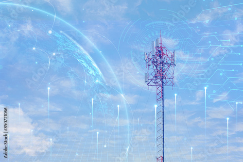 Signal tower or Mobile phone tower with dayligth sky. Telecommunication tower with 5G cellular network antenna. Global connection and internet network concept. photo