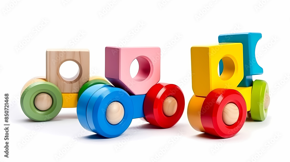 Fototapeta premium Set of 3 colorful classic toddler cutout or child's toys of car wheels, xylophone and geometric cubes isolated on white.