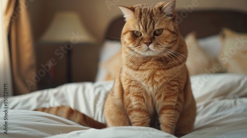 Wallpaper Mural Serious cat sitting on bed looking at camera Torontodigital.ca