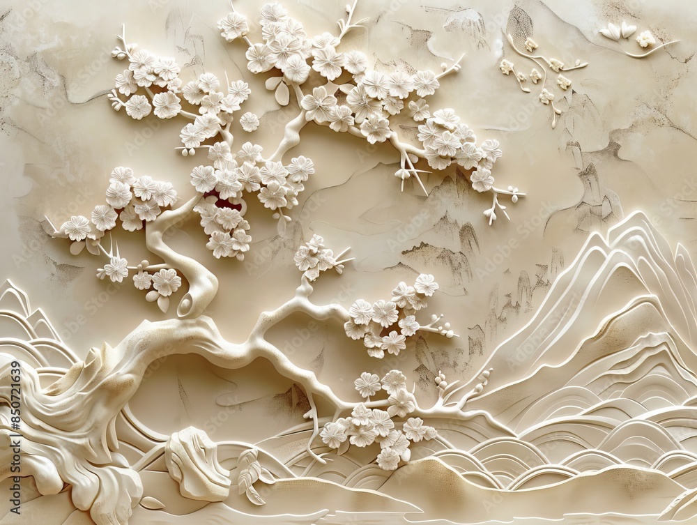 Beautiful sakura tree and mountain 3d relief wallpaper. Mural wallpaper. Wall art. AI generated illustration. Beautiful sakura tree and mountain 3d relief wallpaper. Mural wallpaper. Wall art. AI generated illustration.