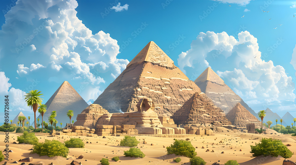 Pyramid Scene A historical Cairo scene with the Pyramids of Giza, the Sphinx, and the ...