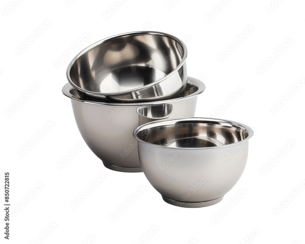 Set of three stainless steel mixing bowls in varying sizes, perfect for baking and cooking preparation in the kitchen. Set of three stainless steel mixing bowls in varying sizes, perfect for baking and cooking preparation in the kitchen.