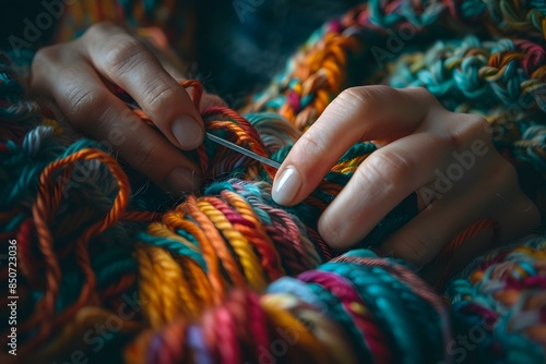 Close-up of Hands Working with Colorful Yarn