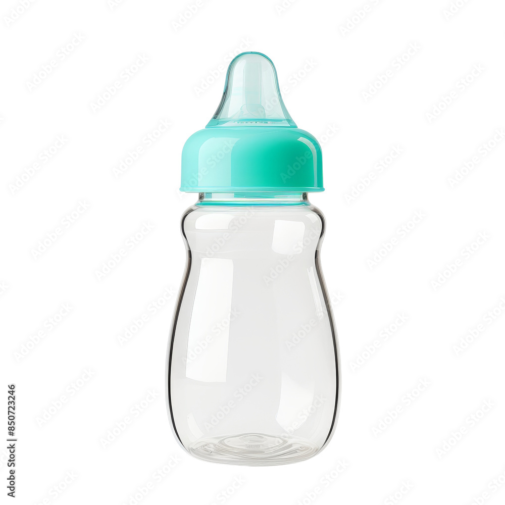 Close-up of a transparent baby bottle with a blue cap isolated on white background, perfect for baby care products and parenting themes. Close-up of a transparent baby bottle with a blue cap isolated on white background, perfect for baby care products and parenting themes.