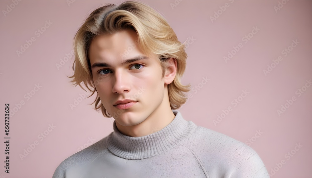 Young blond haired man model with copy space on a pink background Young blond haired man model with copy space on a pink background