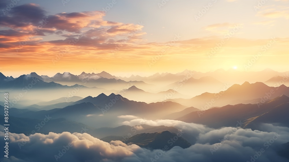 Sunrise over misty mountain peaks amongst clouds. Sunrise over misty mountain peaks amongst clouds.