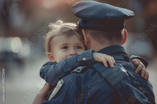 Little child hugging police officer