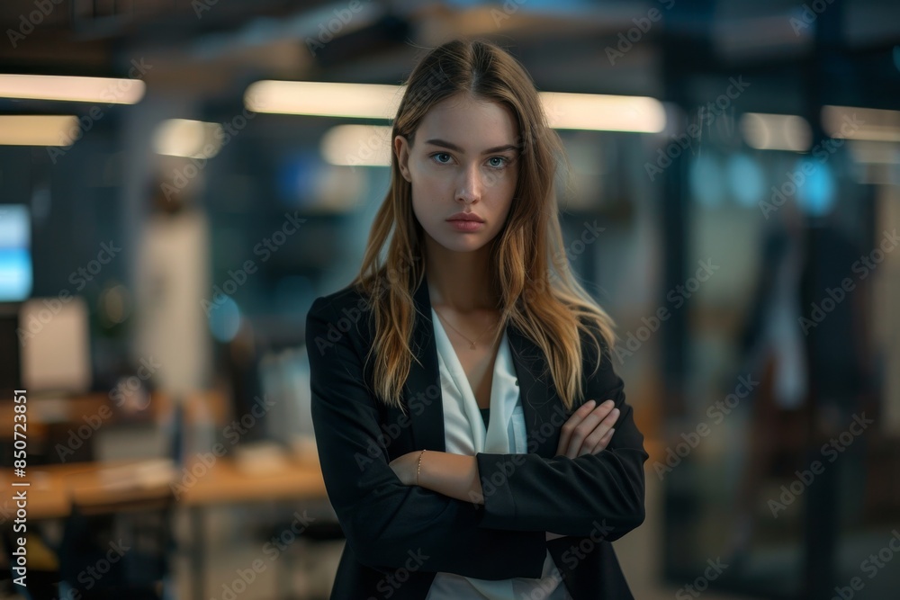 A business woman in a business suit stands with her arms crossed, demonstrating confidence, professionalism, and leadership. A business woman in a business suit stands with her arms crossed, demonstrating confidence, professionalism, and leadership.