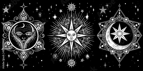 An artistic depiction in black and white of the sun, moon, and star