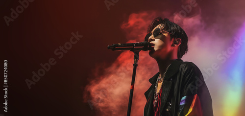 Close up portrait of a korean k-pop singer singing to a microphone and wearing sunglasses, stage smoke background with copy space