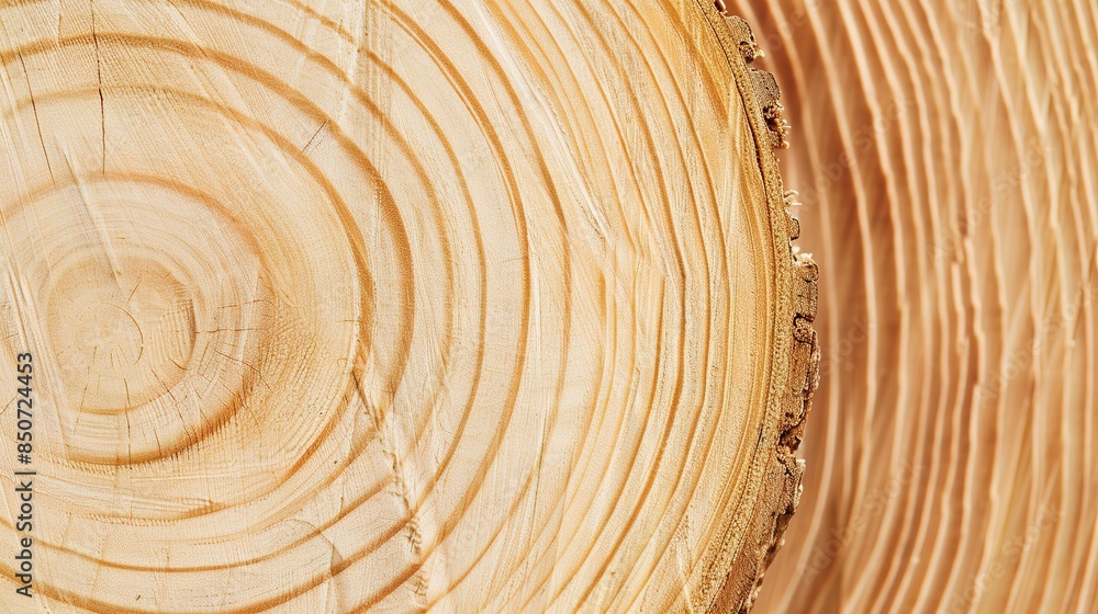 Close-up of freshly cut pine wood, bright daylight, smooth surface with visible rings. Close-up of freshly cut pine wood, bright daylight, smooth surface with visible rings.