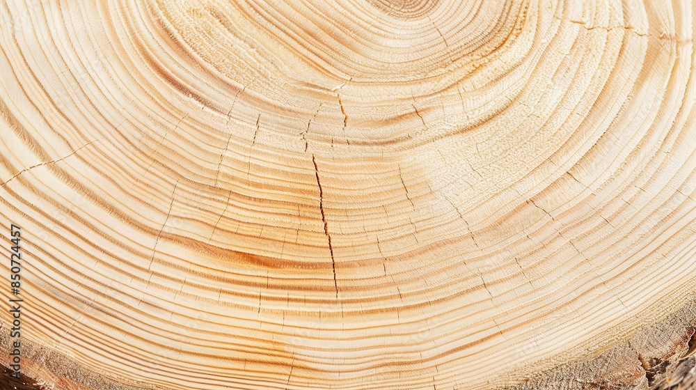 Naklejka premium Close-up of freshly cut pine wood, bright daylight, smooth surface with visible rings. 