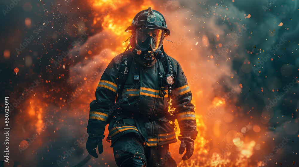 Professional firefighter in protective gear battling intense fire with hose, engulfed in smoke Brave emergency response hero in action Professional firefighter in protective gear battling intense fire with hose, engulfed in smoke Brave emergency response hero in action