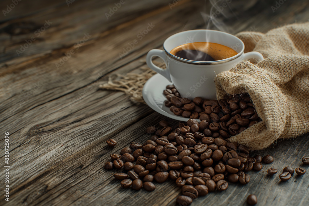 A steaming cup of coffee surrounded by scattered beans, with smoke rising from the top and creating an atmosphere of warmth and freshness A steaming cup of coffee surrounded by scattered beans, with smoke rising from the top and creating an atmosphere of warmth and freshness