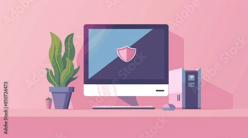 A flat cartoon of a desktop PC shielded by a protection icon symbolizes computer security firewall technology internet privacy safety antivirus software and a secure private network photo