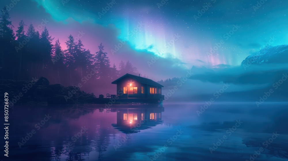 Fototapeta premium Serene lakeside cabin under a mesmerizing aurora borealis in a tranquil forest setting, reflecting vibrant colors in calm waters.