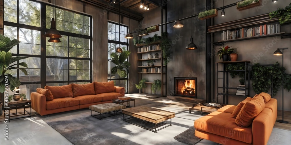 Rustic living room wooden furniture and cozy fireplace concrete walls, industrial theme boho style Rustic living room wooden furniture and cozy fireplace concrete walls, industrial theme boho style