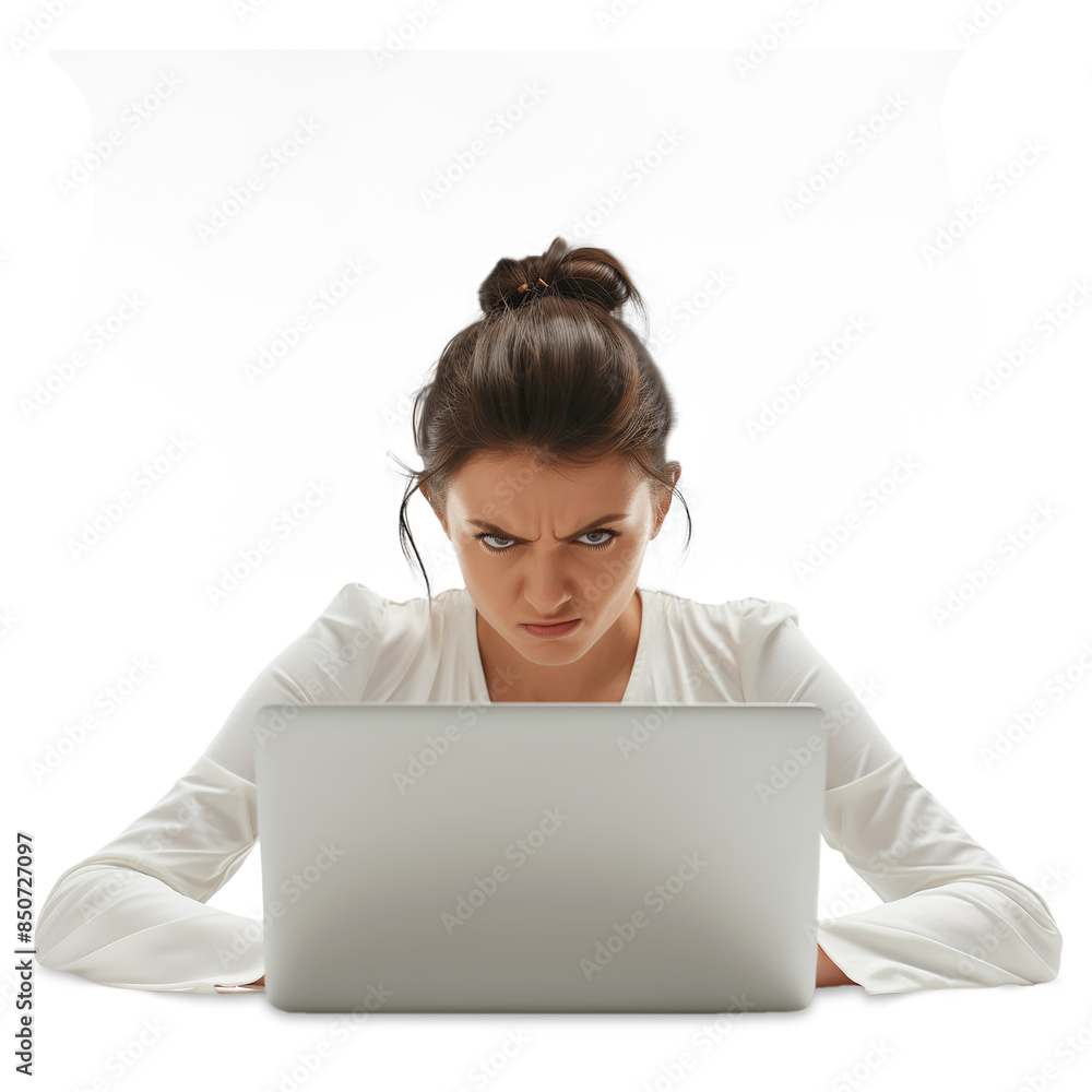 A scowling young woman hunches over her laptop, her brows furrowed in frustration as she furiously types, struggling to keep up with her agitated commands. Transparent png, add your own background. A scowling young woman hunches over her laptop, her brows furrowed in frustration as she furiously types, struggling to keep up with her agitated commands. Transparent png, add your own background.