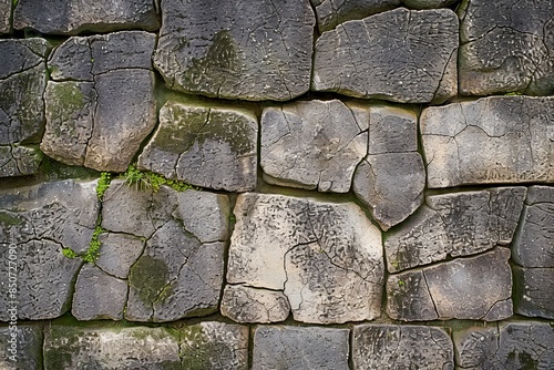 Close-up of a Cracked Stone Wall with Green Moss