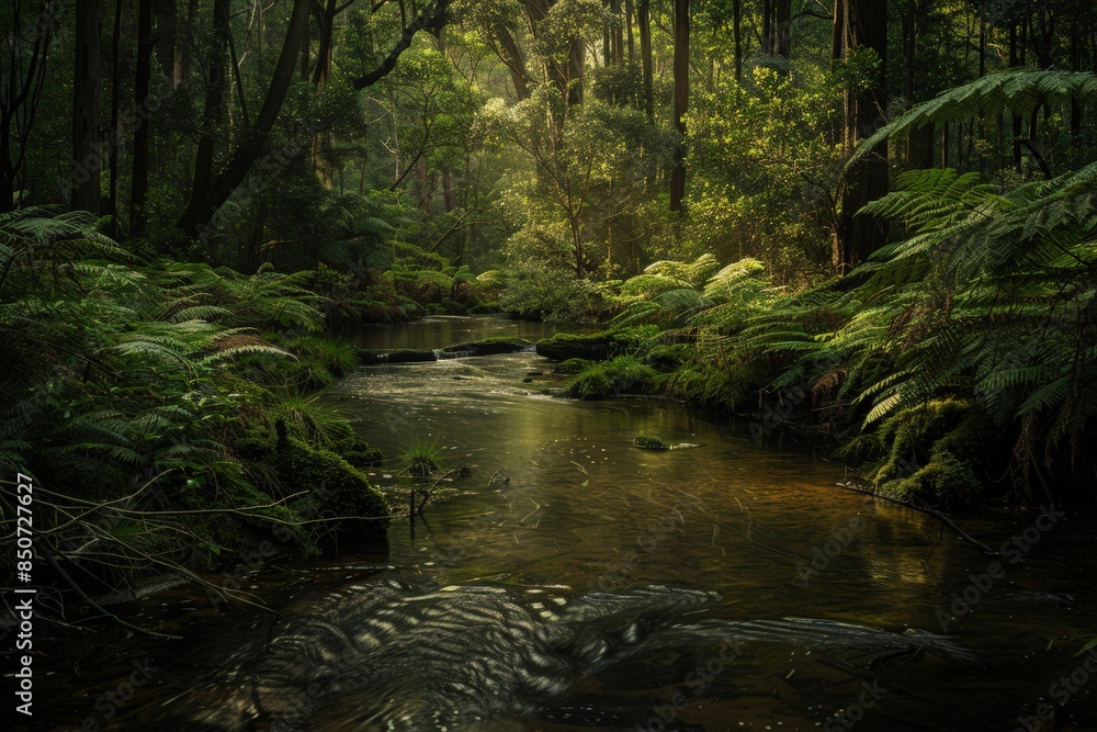 Obraz premium Serene forest stream surrounded by lush greenery and tall trees, with sunlight filtering through the canopy. Tranquil nature scene.