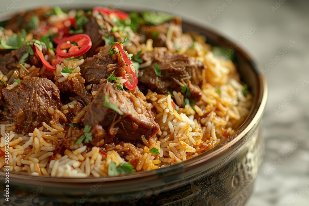 A plate of mandi rice or mandhi on a marble countertop
A plate of mandi rice or mandhi on a marble countertop
