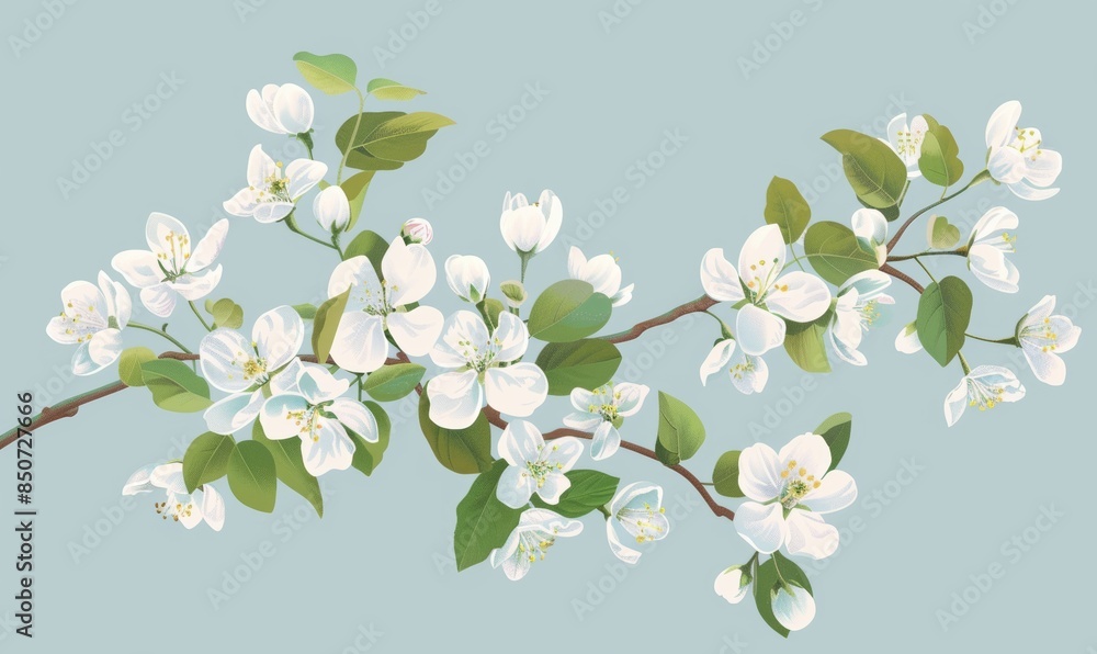Fototapeta premium Cherry blossom flowers and green leaves on a teal background with a light blue background. Genetic algorithms