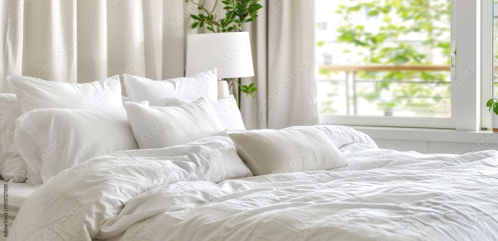White bedroom in a room with white curtains in the background White bedroom in a room with white curtains in the background