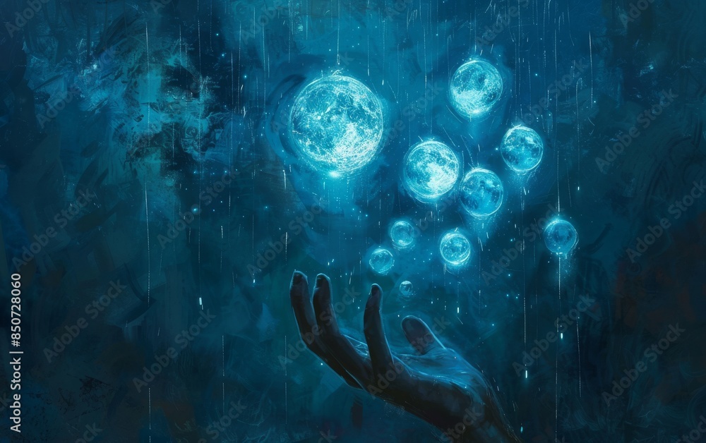 Hand among floating orbs in blue light, mystical balance and wonder in fantasy artwork. Hand among floating orbs in blue light, mystical balance and wonder in fantasy artwork.