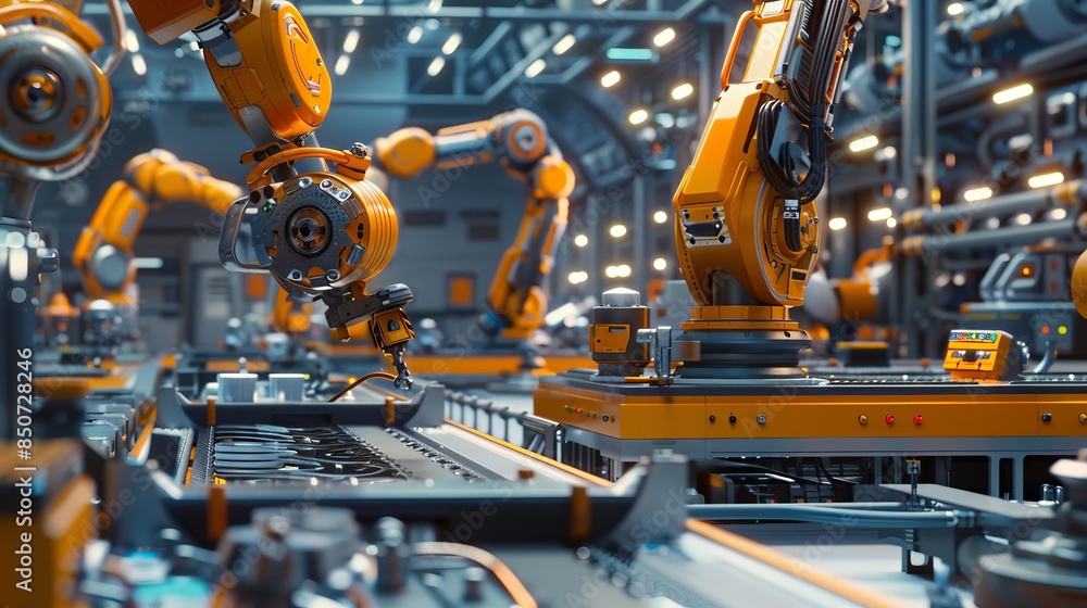 Illustration of an energy-efficient factory using robotics and machinery powered by advanced battery technology Illustration of an energy-efficient factory using robotics and machinery powered by advanced battery technology