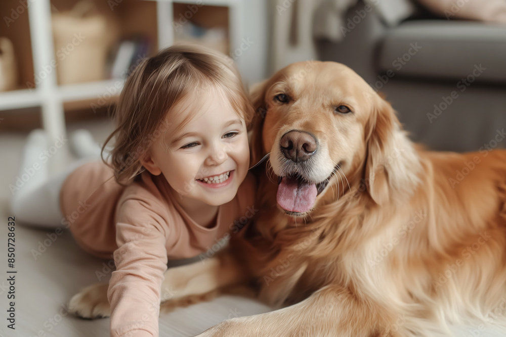 A joyful young girl and her happy Golden Retriever lying on the floor, capturing a heartwarming moment of friendship and affection between a child and her pet A joyful young girl and her happy Golden Retriever lying on the floor, capturing a heartwarming moment of friendship and affection between a child and her pet