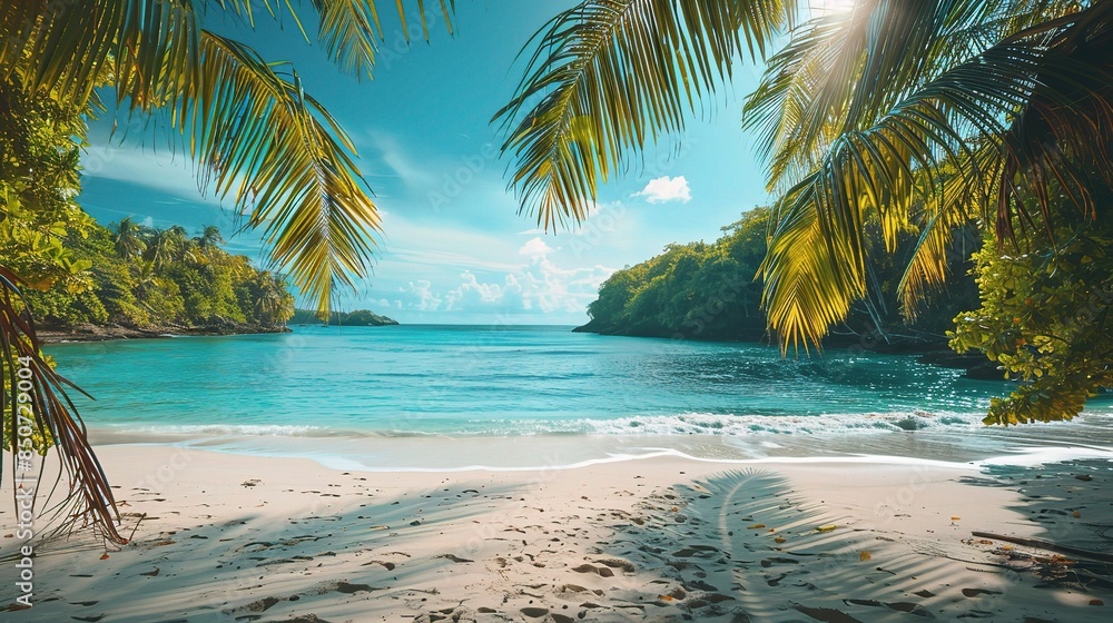 Beautiful Tropical Beach with Palm Trees and Coconut Trees by the Sea Beautiful Tropical Beach with Palm Trees and Coconut Trees by the Sea