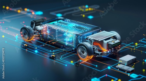 Illustration of a compact hydrogen fuel cell vehicle with supplementary battery power