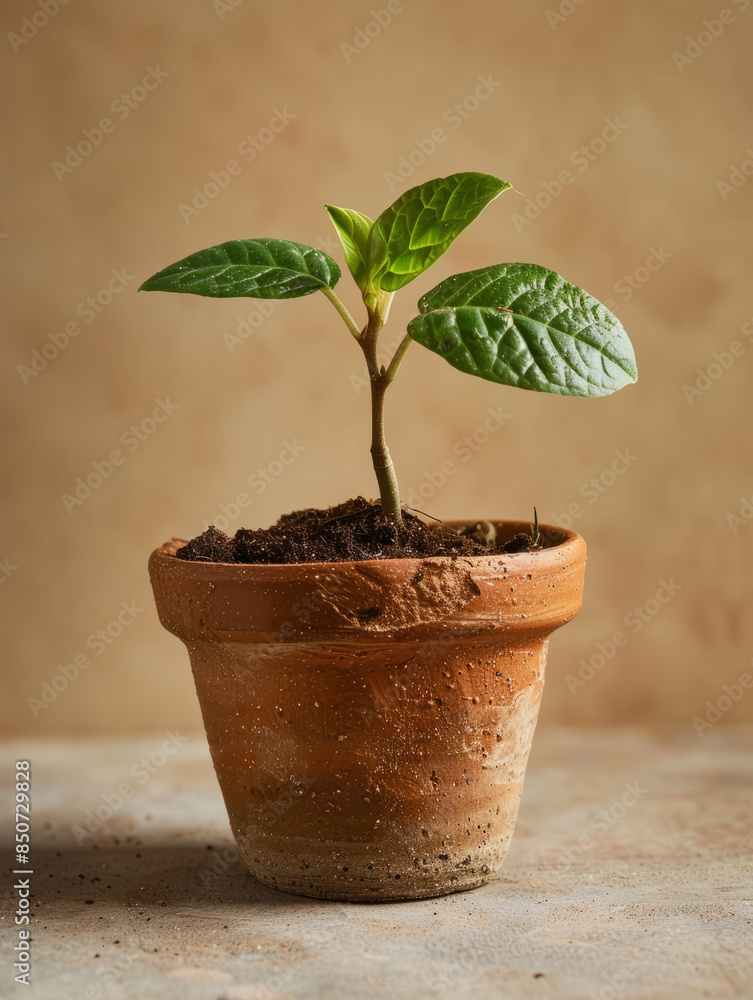 A young plant growing in a terracotta pot full of soil. A young plant growing in a terracotta pot full of soil.