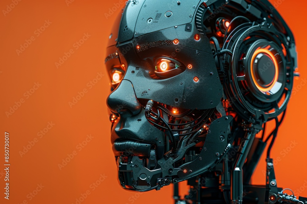 Robotic face on orange background, with text on AI technology. Industrial and futuristic aesthetic. Robotic face on orange background, with text on AI technology. Industrial and futuristic aesthetic.