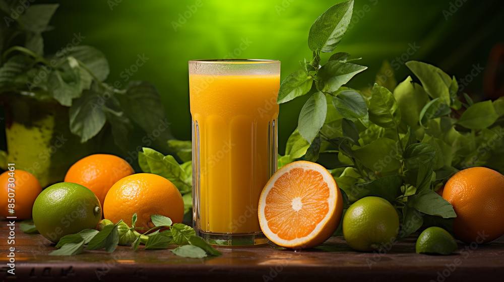 A glass of orange juice with lime and mint leaves on the side A glass of orange juice with lime and mint leaves on the side