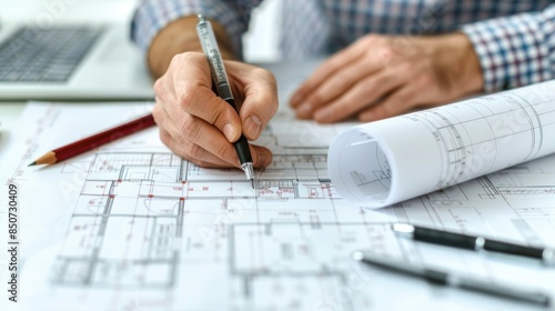 Architect drawing blueprints on white paper wide angle lens