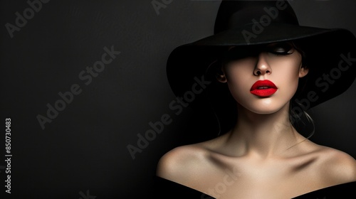 Beautiful woman in a black hat and red lipstick on a dark background with wind copy space for text wide angle lens