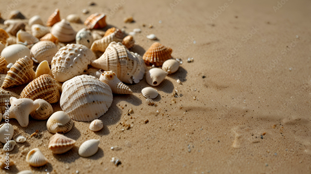 A sandy background adorned with sea shells providing ample room for a copy space image. Top views background Ai generative. A sandy background adorned with sea shells providing ample room for a copy space image. Top views background Ai generative.