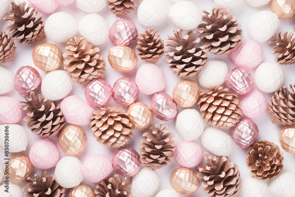 Christmas Decorations with Pink, White Ornaments and Pine ConesNew Year's concept, winter concept Christmas Decorations with Pink, White Ornaments and Pine ConesNew Year's concept, winter concept