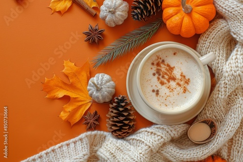 Cozy Autumn Scene With Pumpkin Spice Latte, Leaves, and Knitted Blanket