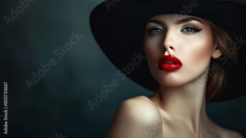 Beautiful woman in a black hat and red lipstick on a dark background with wind copy space for text wide angle lens © ปฏิภาน ผดุงรัตน์