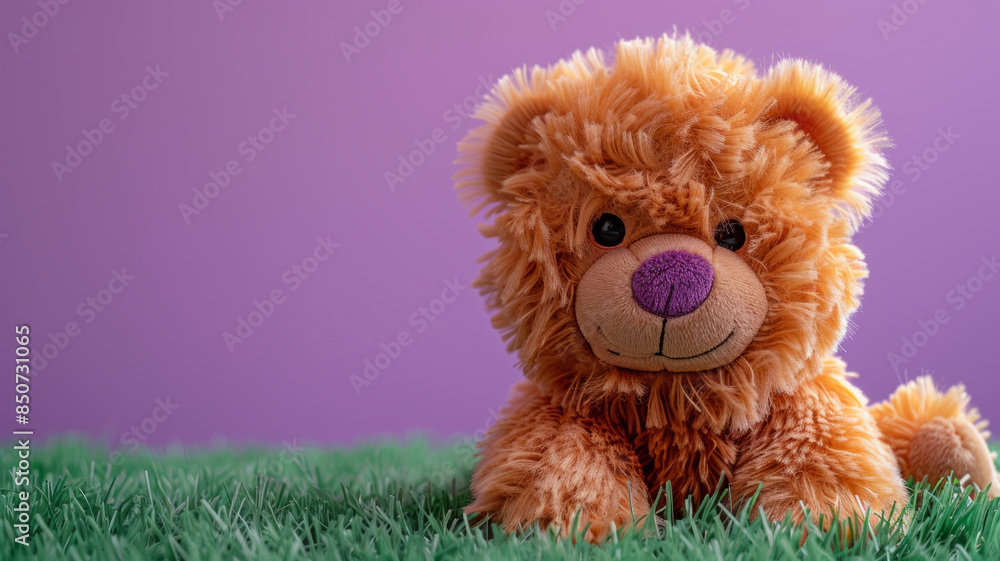 Fototapeta premium A cute brown teddy bear with a purple nose sits on green grass.