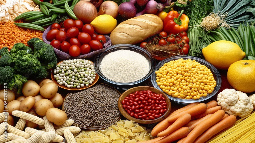 A diverse array of fresh produce and grains, including tomatoes, carrots, broccoli, beans, and rice, showcasing a colorful and nutritious selection of food A diverse array of fresh produce and grains, including tomatoes, carrots, broccoli, beans, and rice, showcasing a colorful and nutritious selection of food