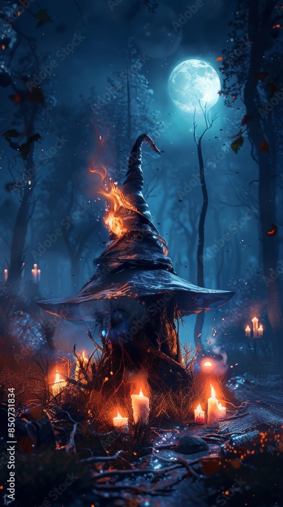 A dark cinematic background with a witch's hat in vibrant RGB colors using an artificial intelligence generation system A dark cinematic background with a witch's hat in vibrant RGB colors using an artificial intelligence generation system